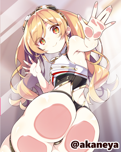 1girl, against_glass, akaneya, armpits, artist_name, ass, ass_focus, ass_on_glass, ass_press, azur_lane, blonde_hair, breast_zipper, breasts, crotch_zipper, from_below, goggles, goggles_on_head, green_eyes, hand_on_glass, huge_ass, leonardo_da_vinci_(azur_lane), long_hair, looking_at_viewer, medium_breasts, multicolored_eyes, off_shoulder, orange_eyes, panties, revealing_clothes, smile, solo, swept_bangs, thigh_strap, thighs, thong, twintails, underwear, wide_hips, zipper, zipper_pull_tab