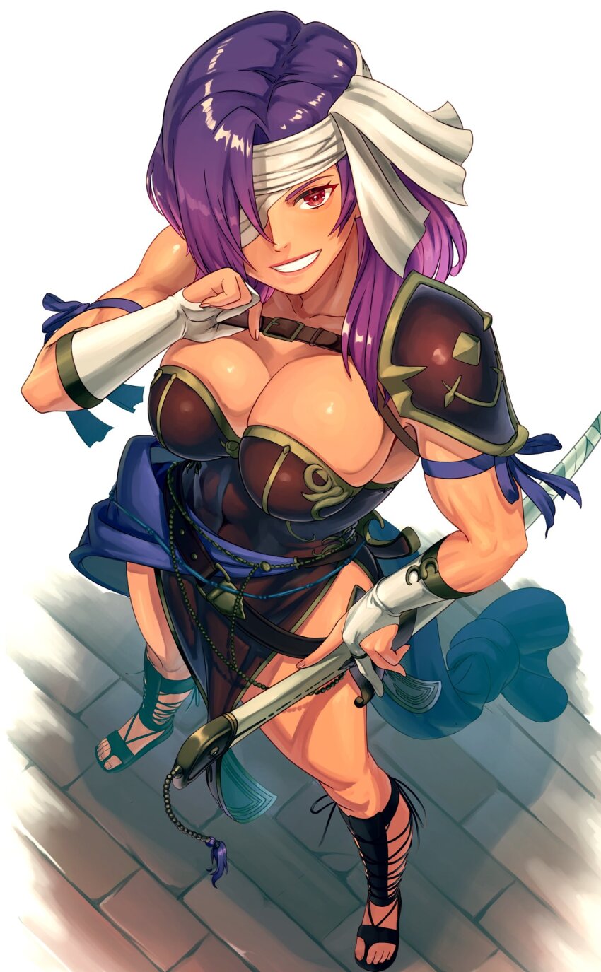 1girl, aduti_momoyama, armor, bare_shoulders, belt, breasts, cleavage, dark_skin