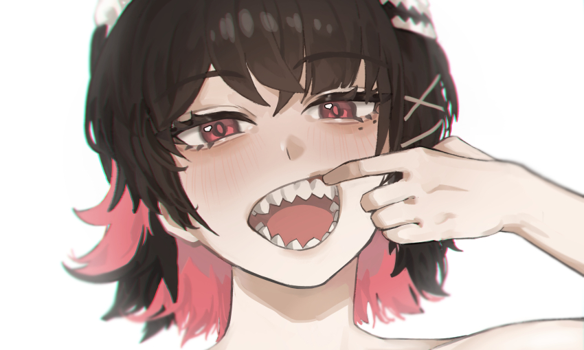 1girl, absurdres, black_hair, colored_inner_hair, ellen_joe, finger_in_own_mouth, freeman_(tkuh4475), head_only