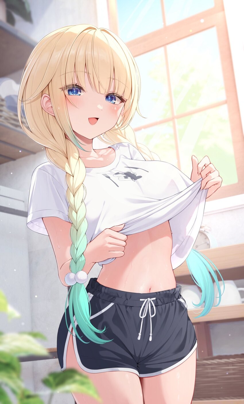 1girl, :d, aizawa_ema, aizawa_ema_(4th_costume), black_shorts, blonde_hair, blue_eyes, blurry