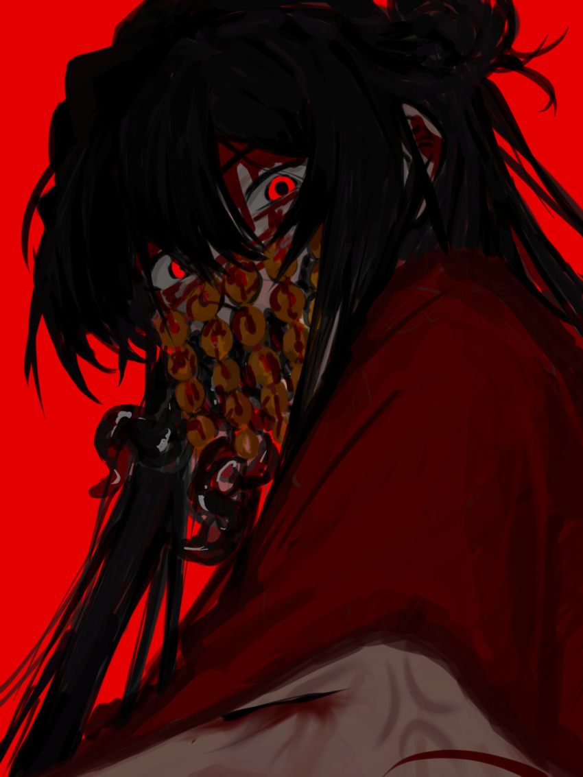 1boy, black_hair, blood, blood_on_face, chinese_clothes, chinese_commentary, coat, coin, coin_mask, covered_mouth, crazy_eyes, creature, dao_gui_yi_xian, from_side, hair_between_eyes, hair_bun, half_updo, hanfu, highres, holed_coin, horror_(theme), iceboilsheep, li_huowang, li_sui_(tentacles), long_hair, looking_at_viewer, male_focus, mask, mouth_veil, red_background, red_coat, red_eyes, red_theme, robe, simple_background, single_hair_bun, solo, tentacles, upper_body, veil