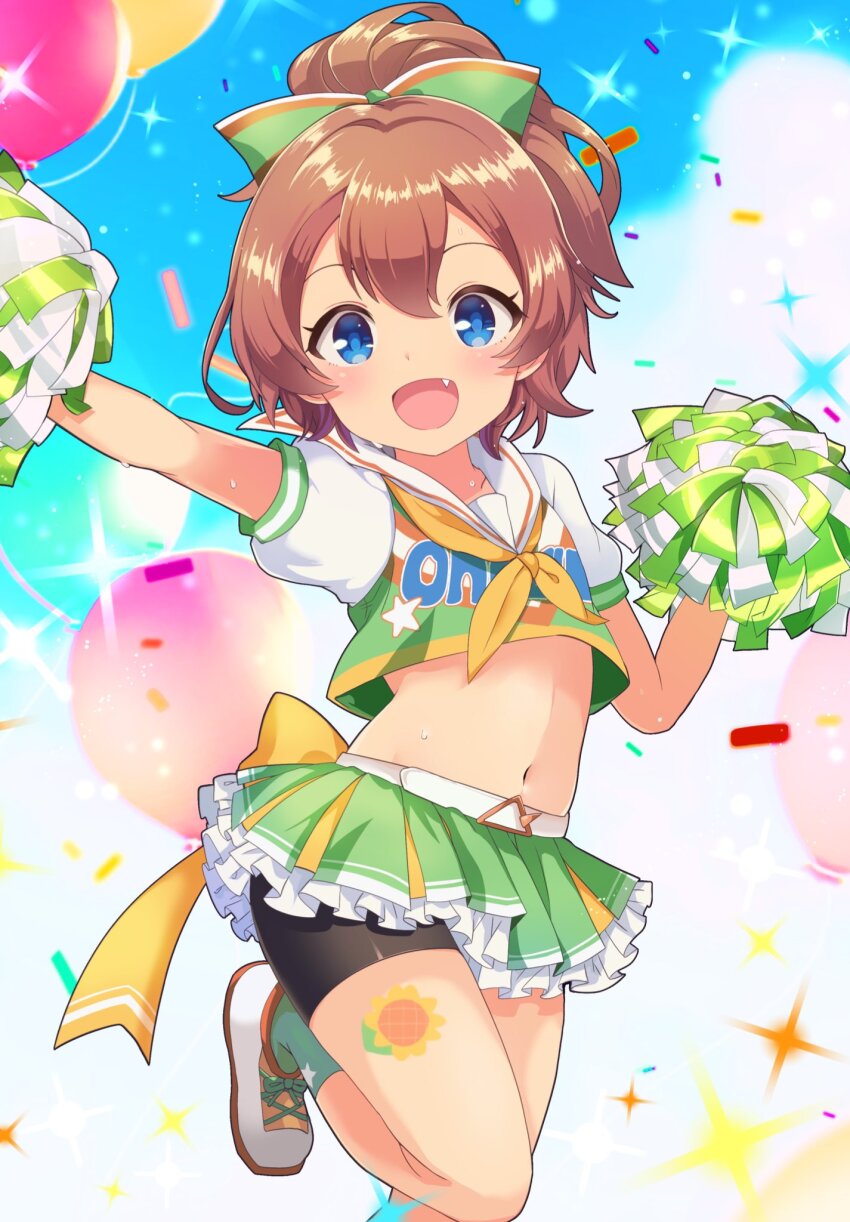 1girl, :d, bike_shorts, black_shorts, blue_eyes, bow, brown_hair, cheerleader