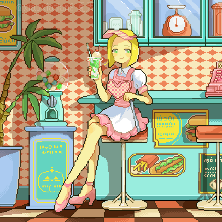 1girl, artist_name, blonde_hair, cash_register, cup, dessert, dress, food, green_eyes, gumball_machine, heart, high_heels, highres, holding, holding_cup, indoors, medium_hair, original, pink_dress, pink_shoes, pixel_art, plant, poster_(object), potted_plant, shoes, short_sleeves, sitting, smile, stool, tile_floor, tiles, waitress, weighing_scale, xiatian8