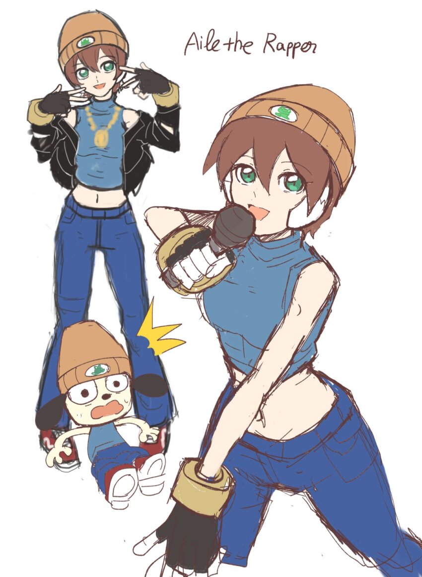 1boy, 1girl, aile_(mega_man_zx), bare_shoulders, beanie, black_jacket, blue_pants, blue_shirt