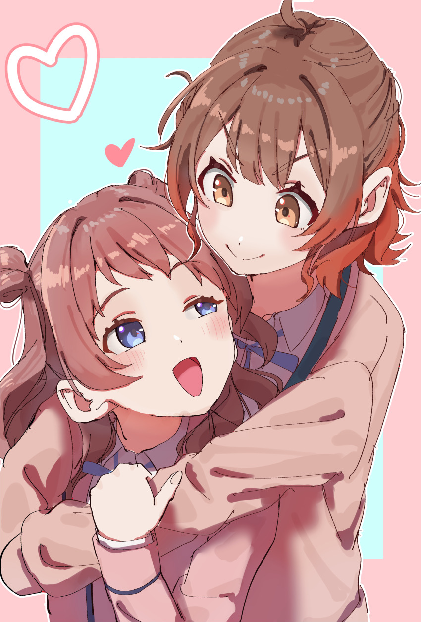 2girls, absurdres, ahoge, amohassan, blush, border, brown_hair, brown_jacket, commentary_request, gakuen_idolmaster, gradient_hair, hanami_saki, hanami_ume, hatsuboshi_gakuen_school_uniform, heart, highres, hug, hug_from_behind, idolmaster, incest, jacket, looking_at_another, multicolored_hair, multiple_girls, orange_hair, pink_border, school_uniform, siblings, sisters, smile, upper_body, v-shaped_eyebrows, yuri