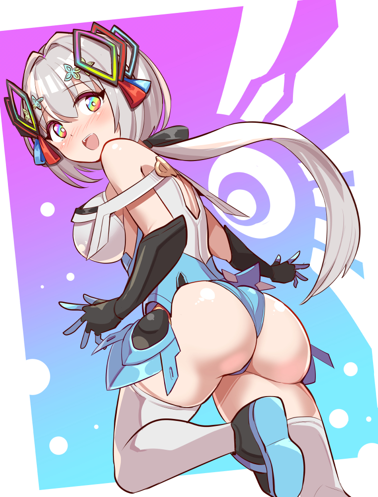 1girl, :d, ancie, ass, ass_focus, azure_striker_gunvolt, bare_shoulders, blush, breasts, card-en-ciel, commission, commissioner_upload, cosplay, cougar_(cougar1404), elbow_gloves, from_behind, gloves, grey_hair, gunvolt_chronicles_luminous_avenger_ix, hair_between_eyes, hair_ornament, large_breasts, leg_up, leotard, long_hair, low_ponytail, multicolored_eyes, multicolored_leotard, official_alternate_color, open_mouth, ponytail, rainbow_eyes, roro_(gunvolt), roro_(gunvolt)_(cosplay), shoes, skeb_commission, smile, solo, thighhighs, wedgie, white_thighhighs