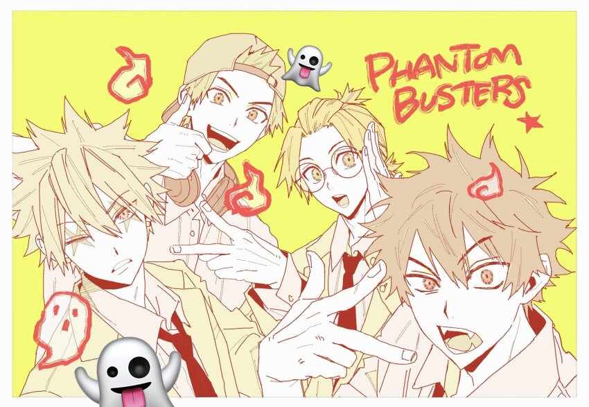 4boys, emoji, eugene_korekishi, fangs, flat_cap, glasses, hair_pulled_back, hat