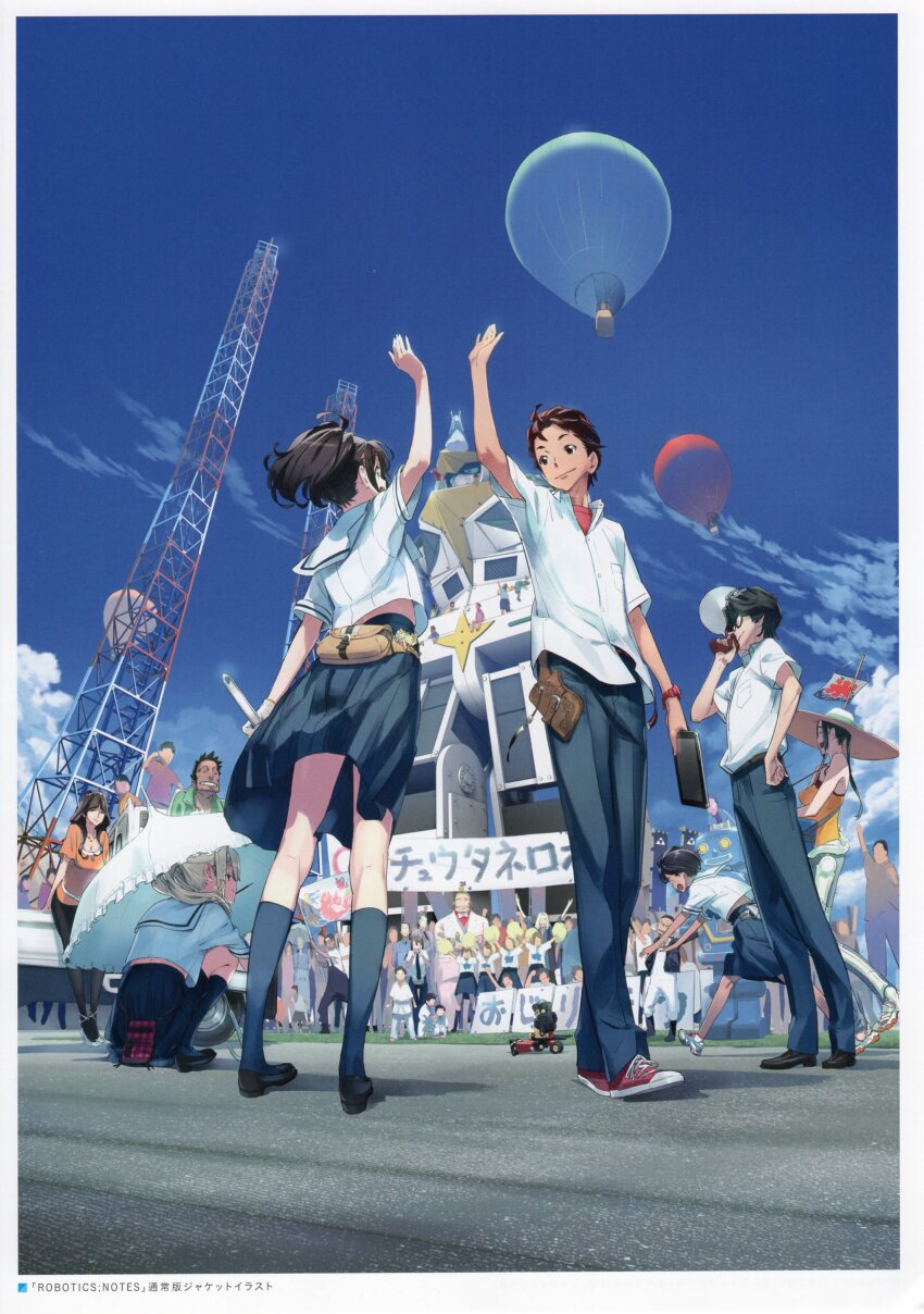 6+boys, 6+girls, absolutely_everyone, absurdres, aircraft, animal, animal_on_head, back_peek, banner, bare_shoulders, belt, belt_pouch, bird, bird_on_head, black_hair, black_shoes, blonde_hair, blue_skirt, blue_sky, blue_socks, bow, breast_pocket, brown_eyes, brown_hair, charm_(object), chasing, checkered_pouch, chest_bow, chuo_tanegashima_high_school_uniform, clothes_lift, cloud, cloudy_sky, collared_shirt, crop_top, daitoku_junna, dark-skinned_female, dark_skin, everyone, exoskeleton, flag, flagpole, frilled_umbrella, frills, from_below, fujita_tetsuharu, fukuda_tomonori, gloves, gunvarrel, hidaka_hiromu, hidaka_subaru, highres, holding, holding_flag, holding_megaphone, holding_tablet_pc, holding_umbrella, holding_wrench, holster, hot_air_balloon, irei_mizuka, jacket, kimijima_kou, kneehighs, kneepits, koujiro_frau, leather, leather_jacket, loafers, long_hair, mecha, megaphone, miniskirt, motor_vehicle, multiple_boys, multiple_girls, nagafukada_sumio, nakafukada_mitsuhiko, non-web_source, official_art, on_head, open_collar, open_mouth, orange_tank_top, pants, parrot, pleated_skirt, pocket, pouch, radio_tower, red_eyes, red_hair, red_shirt, red_shoes, ribbon, robot, robotics;notes, running, sailor_collar, school_uniform, science_adventure, senomiya_akiho, senomiya_ken'ichiro, senomiya_misaki, serafuku, shirt, shirt_lift, shoes, short_hair, short_sleeves, single_glove, skirt, sky, sleeveless, smile, sneakers, socks, sphinx, t-shirt, tablet_holster, tablet_pc, tan, tanegashimachine-3, tank_top, tarou_(robotics;notes), tennouji_nae, tennouji_nae_(robotics;notes), toshiyuki_sawada, toy_robot, truck, twintails, umbrella, usui_kaoruko, watch, white_background, white_gloves, white_shirt, work_gloves, wrench, wristwatch, yashio_kaito, yukifune_airi