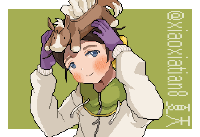 1girl, arms_up, blue_eyes, blush, bow, brown_hair, coat, gloves