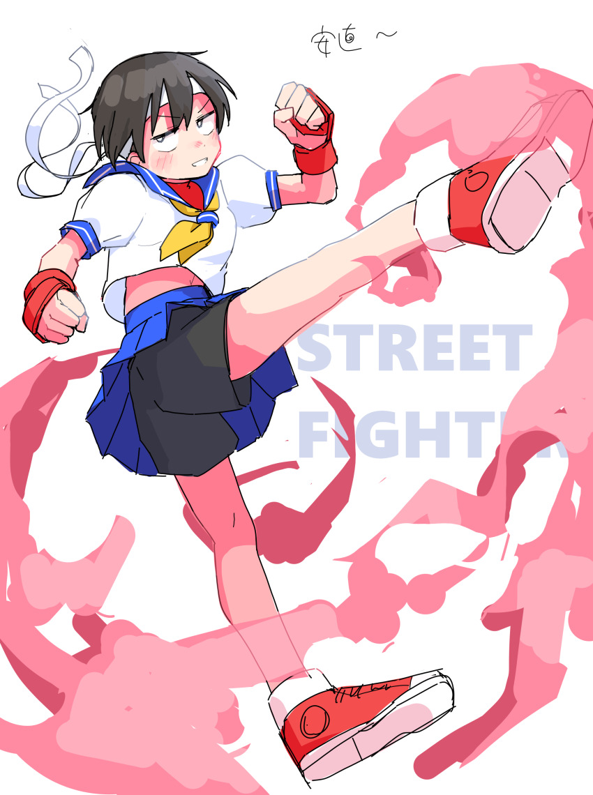 1girl, absurdres, black_eyes, black_hair, black_shorts, blue_sailor_collar, blue_skirt, bright_pupils