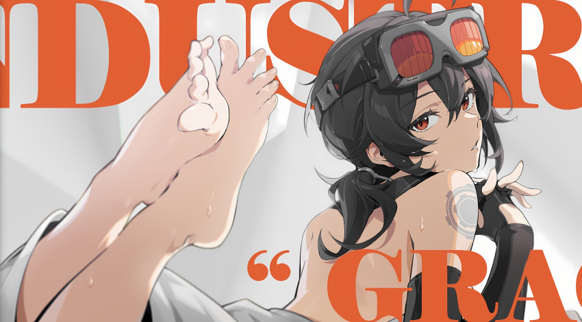 1girl, absurdres, ahoge, bare_shoulders, barefoot, black_gloves, black_hair, character_name