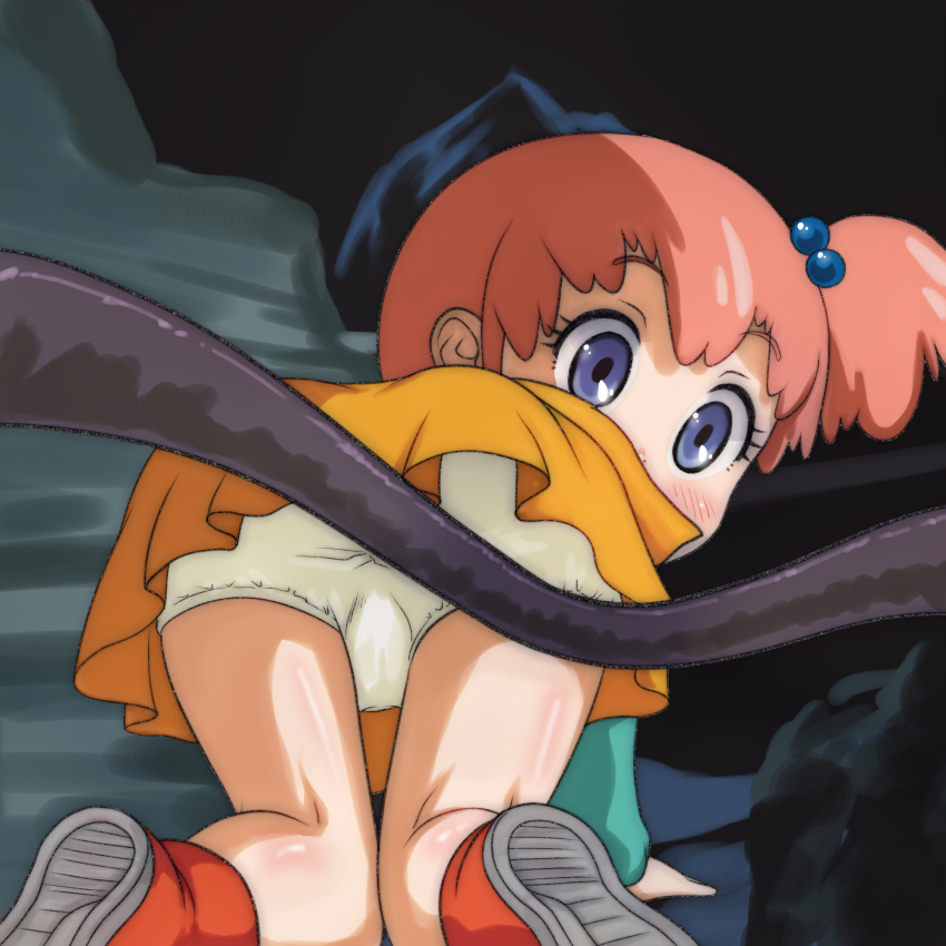 1girl, all_fours, ass, blue_eyes, blush, boots, cave, from_behind, ginga_hyouryuu_vifam, green_shirt, hair_bobbles, hair_ornament, highres, loli, long_sleeves, looking_back, orange_skirt, panties, pink_hair, ponytail, red_boots, rock, routinie_pressette, shirt, short_hair, side_ponytail, skirt, t_jiroo_(ringofriend), tentacles, underwear, white_panties