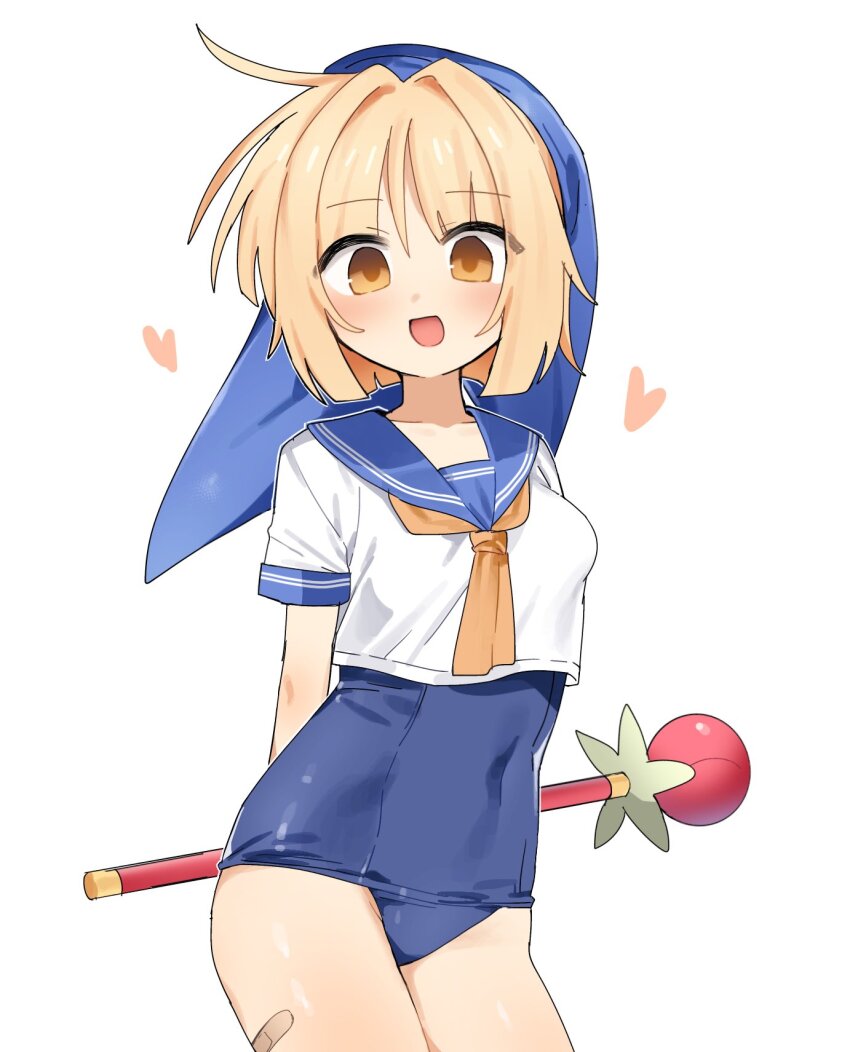 1girl, avadahoi, avalona, bandaid_on_thigh, blonde_hair, blue_hood, blue_one-piece_swimsuit, blue_sailor_collar, cropped_shirt, heart, highres, holding, holding_wand, neckerchief, old_school_swimsuit, one-piece_swimsuit, open_mouth, randal's_friends, sailor_collar, school_swimsuit, shirt, short_hair, smile, solo, swimsuit, wand, white_background, white_shirt, yellow_eyes, yellow_neckerchief