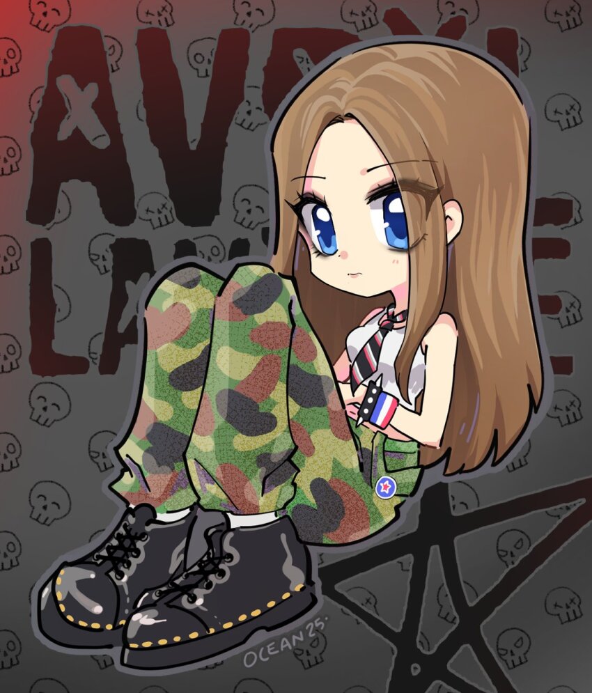 1girl, 2000s_(style), animification, avril_lavigne, black_eyeshadow, black_shoes, blonde_hair, blue_eyes