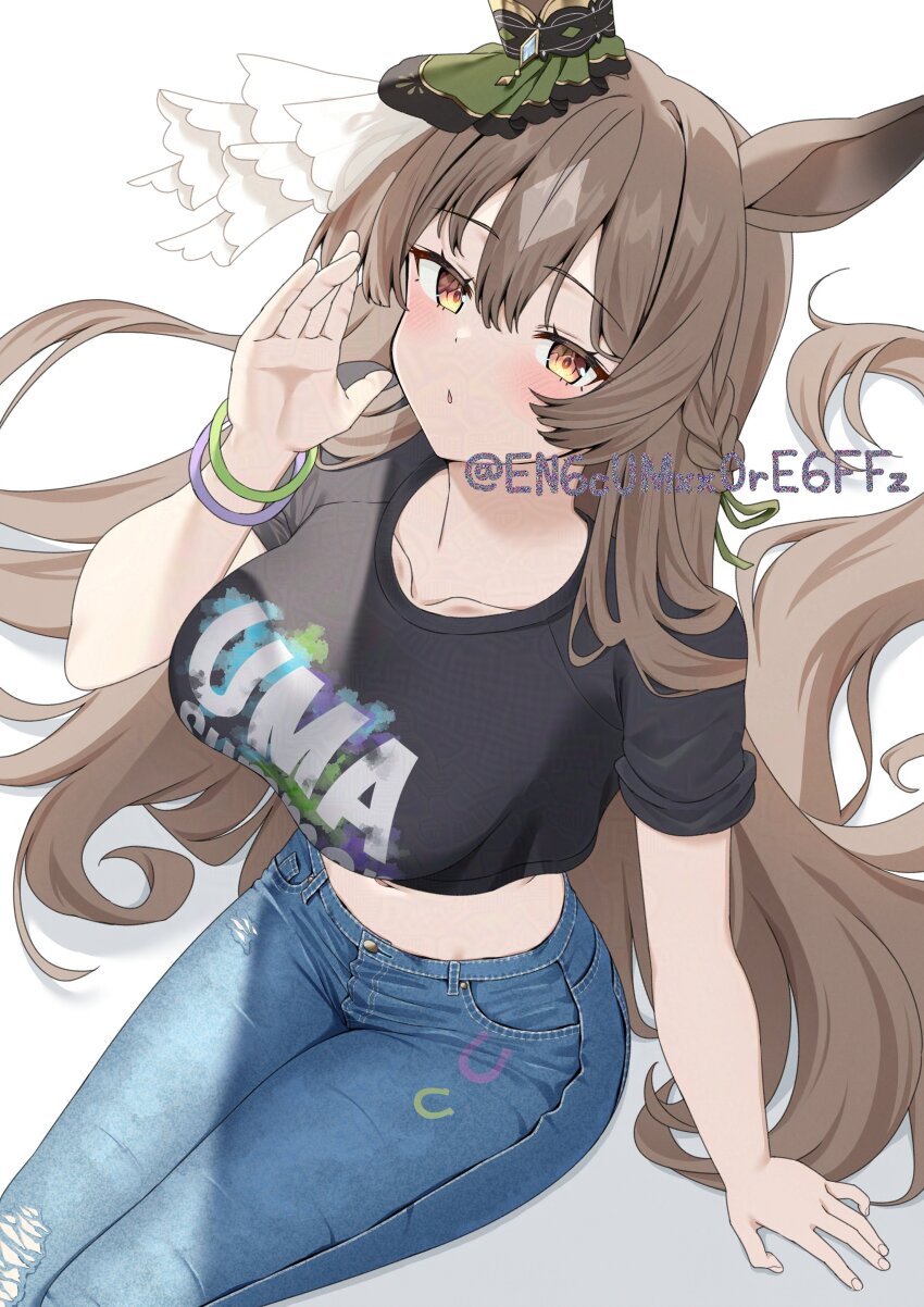 1girl, absurdres, adversarial_noise, alternate_costume, animal_ears, arm_support, black_shirt, blue_pants