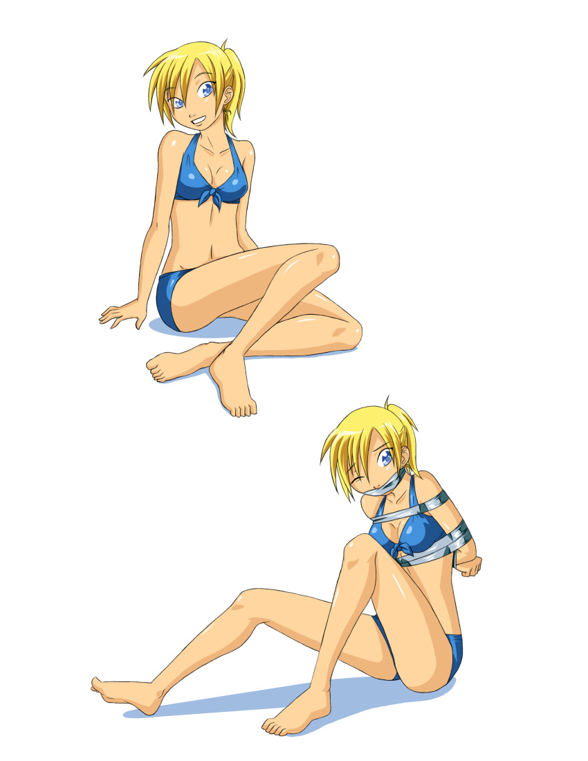 1girl, absurdres, arms_behind_back, bdsm, belly, bikini, bondage, bound