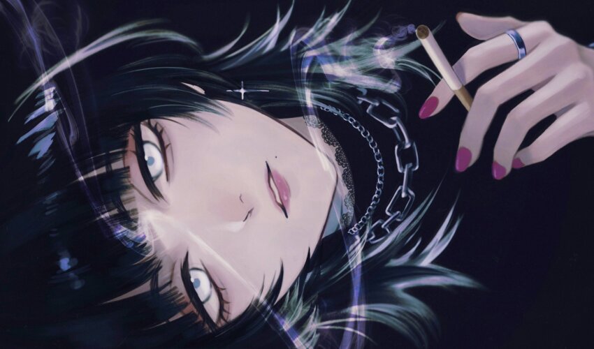 1girl, black_background, black_hair, black_shirt, blunt_bangs, chain, chain_necklace, cigarette
