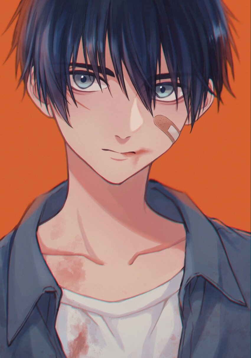 1boy, bandaid, bandaid_on_cheek, bandaid_on_face, black_hair, blood, blood_on_clothes, blood_on_mouth