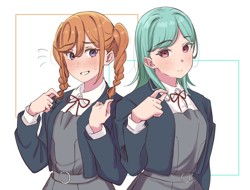 2girls, alternate_hairstyle, blue_jacket, blush, braid, braided_twintails, commentary_request, dress