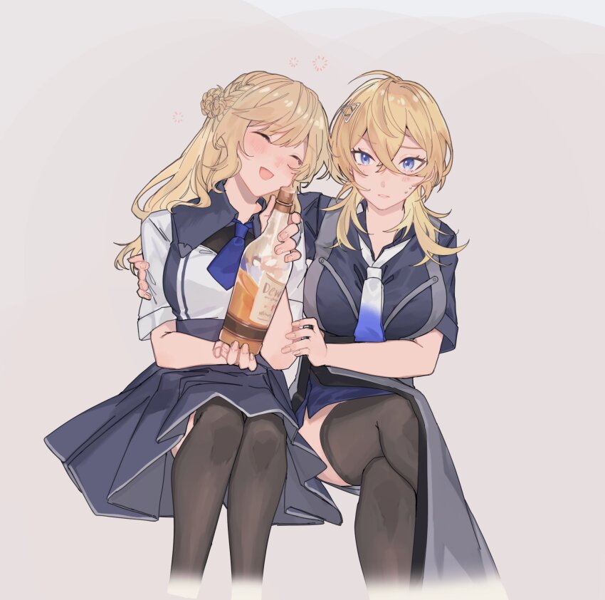 2girls, ahoge, alcohol, arm_on_another's_shoulder, blonde_hair, blue_dress, blue_eyes, blue_necktie