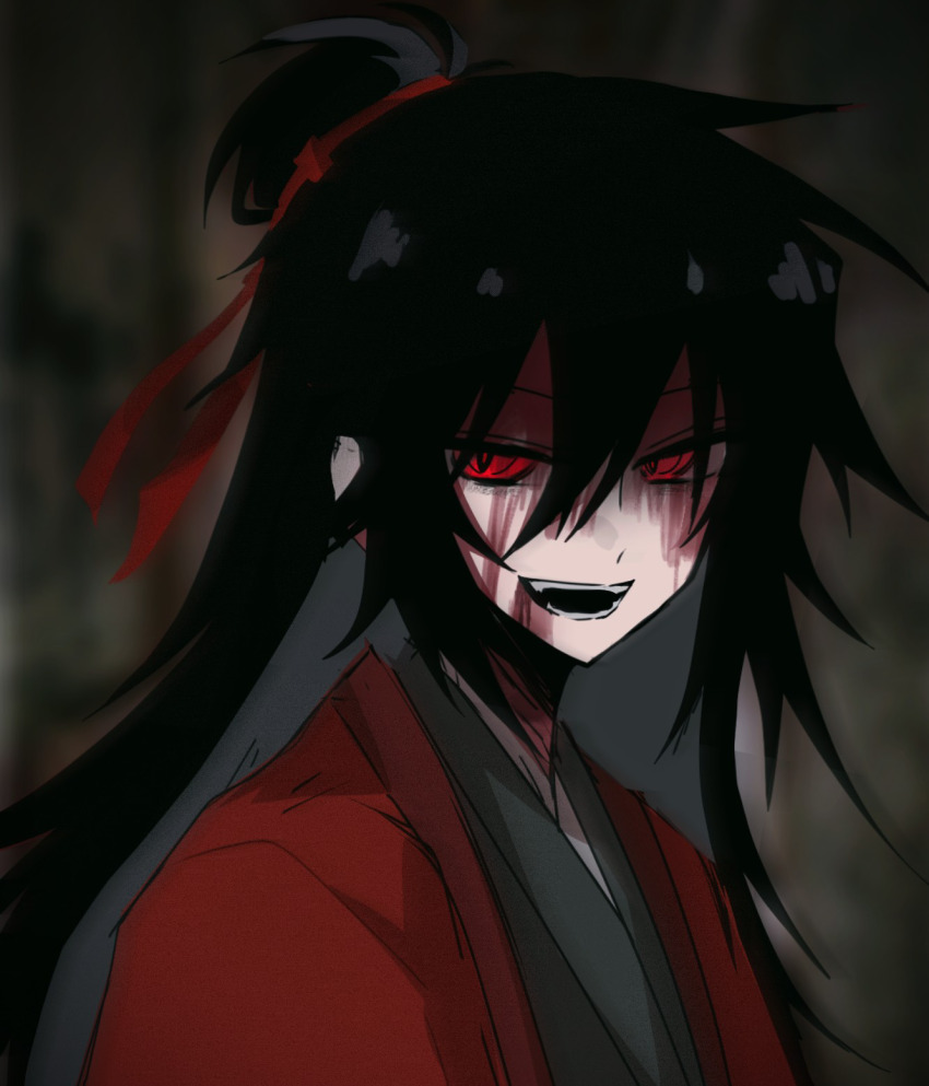 1boy, 3305114589, black_hair, black_hanfu, blood, blood_on_face, blurry, chinese_clothes, chinese_commentary, coat, dao_gui_yi_xian, fangs, hair_between_eyes, hair_bun, hair_ribbon, hanfu, highres, injury, li_huowang, long_hair, looking_at_viewer, male_focus, open_mouth, red_coat, red_eyes, red_ribbon, ribbon, robe, shaded_face, single_hair_bun, smile, solo, upper_body