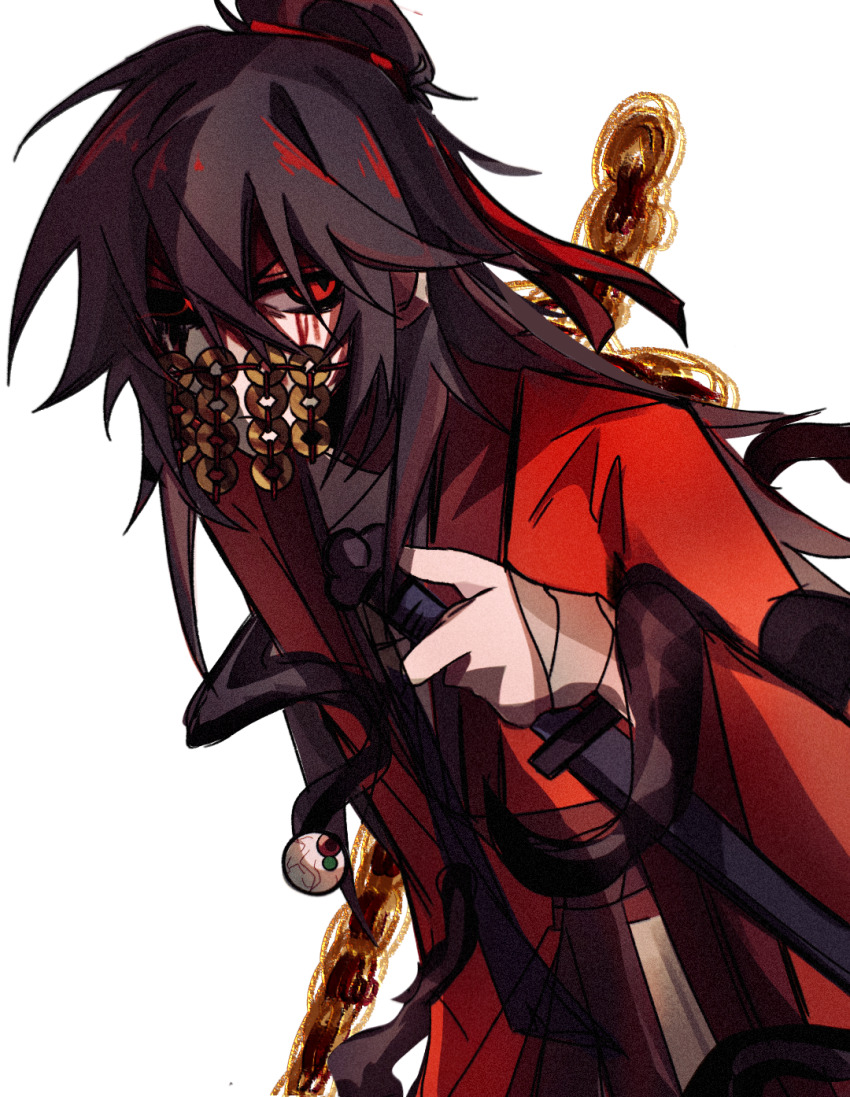 1boy, 3305114589, bandaged_arm, bandages, bi_xie_jian_(weapon), black_hair, blood, blood_on_face