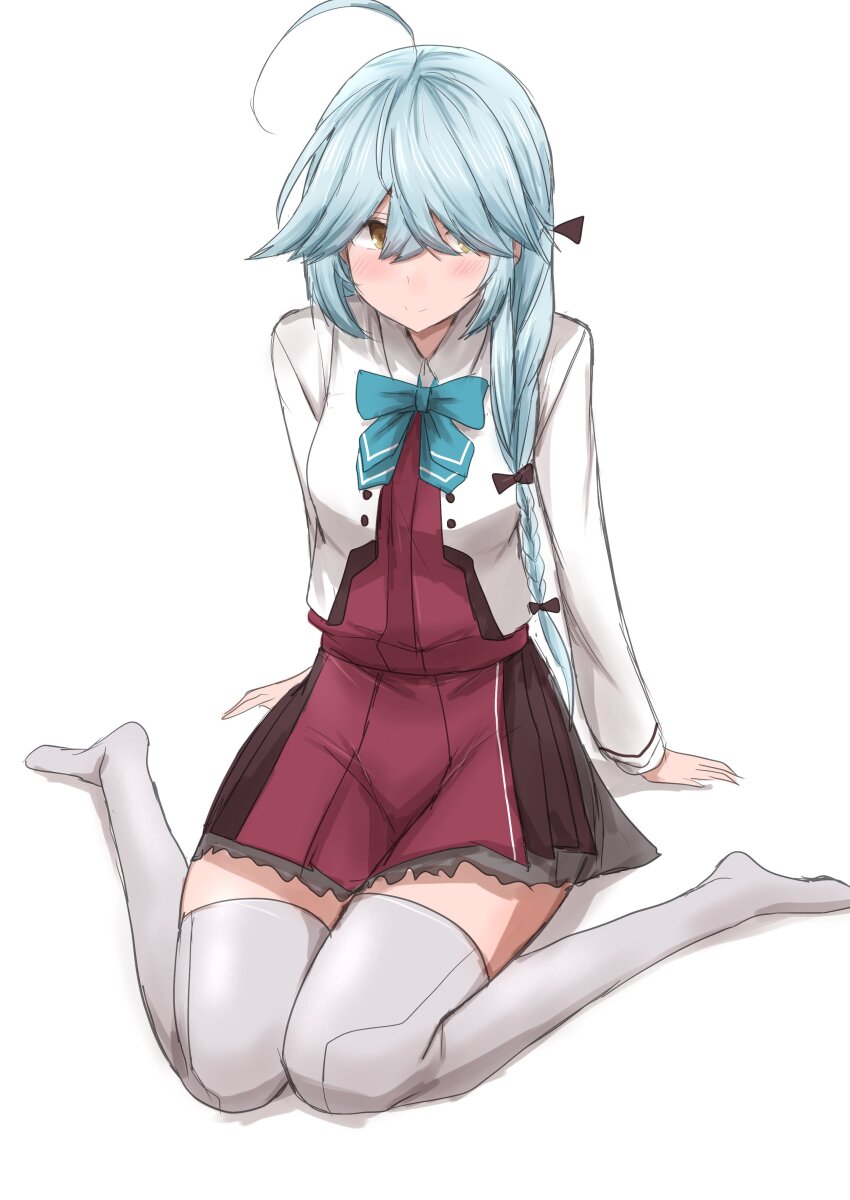 1girl, absurdres, ahoge, aqua_bow, aqua_bowtie, black_ribbon, blazer, bow, bowtie, braid, brown_eyes, dress, grey_hair, grey_jacket, grey_thighhighs, hair_over_eyes, halter_dress, halterneck, hamanami_(kancolle), hamanami_kai_ni_(kancolle), highres, jacket, kamaboko_senshi, kantai_collection, long_hair, long_sleeves, pleated_dress, purple_dress, ribbon, simple_background, single_braid, sitting, solo, thighhighs, wariza, white_background