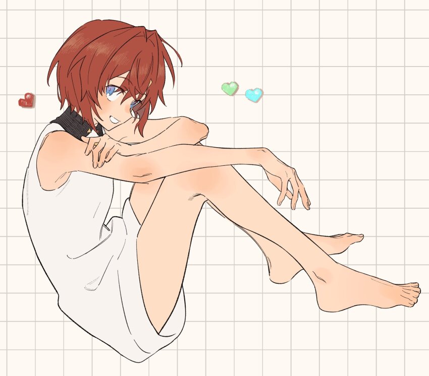 1girl, agemono_ume, ange_katrina, ange_katrina_(1st_costume), arm_rest, bare_arms, bare_legs, barefoot, blue_eyes, breasts, collared_dress, dress, from_side, full_body, grid_background, grin, hair_intakes, hand_on_own_arm, hashtag-only_commentary, heart, highres, knees_up, looking_at_viewer, looking_to_the_side, nijisanji, red_hair, short_dress, short_hair, sitting, sleeveless, sleeveless_dress, small_breasts, smile, solo, virtual_youtuber, white_dress, yellow_background