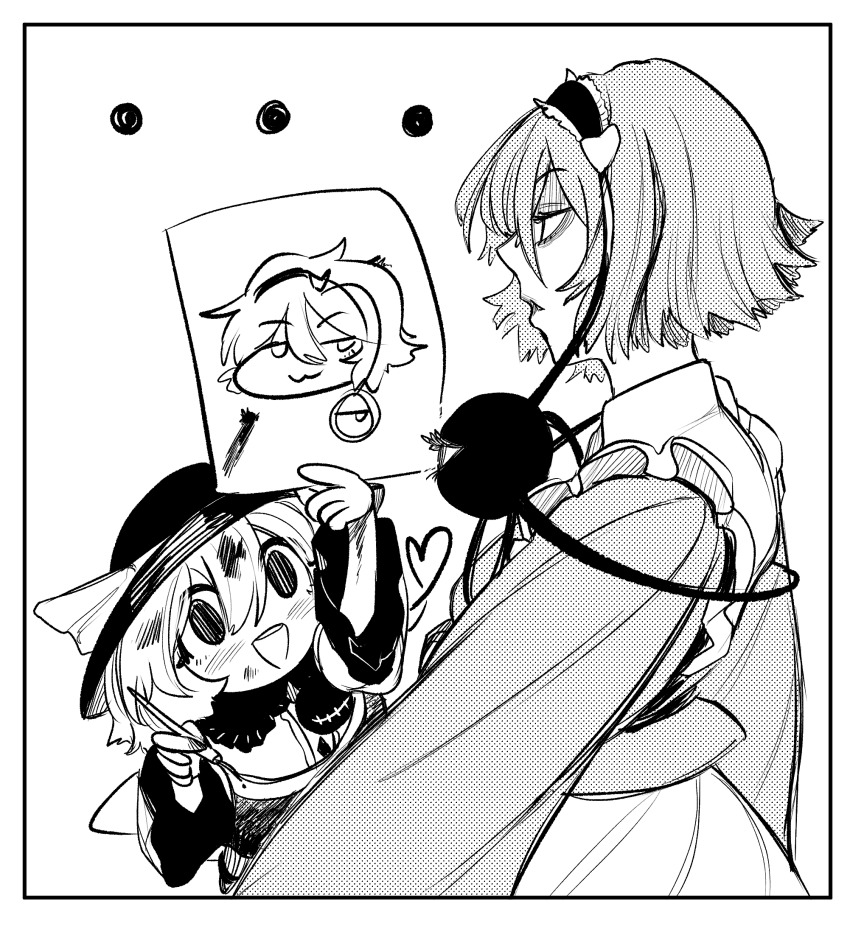 ..., 2girls, axel_hi, black_hairband, black_hat, buttons, child's_drawing, diamond_button