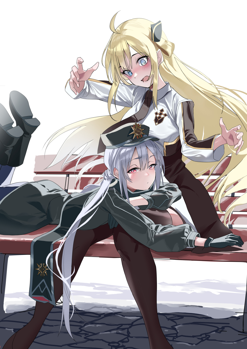 2girls, absurdres, bench, blonde_hair, blush, boots, collared_dress, dress, duel_monster, gloves, grey_hair, hat, highres, long_hair, long_sleeves, lying, lying_on_person, mizutaki, multiple_girls, necktie, on_stomach, red_eyes, scarf, sitting, sky_striker_ace_-_raye, sky_striker_ace_-_roze, surprised, thighhighs, twintails, yu-gi-oh!