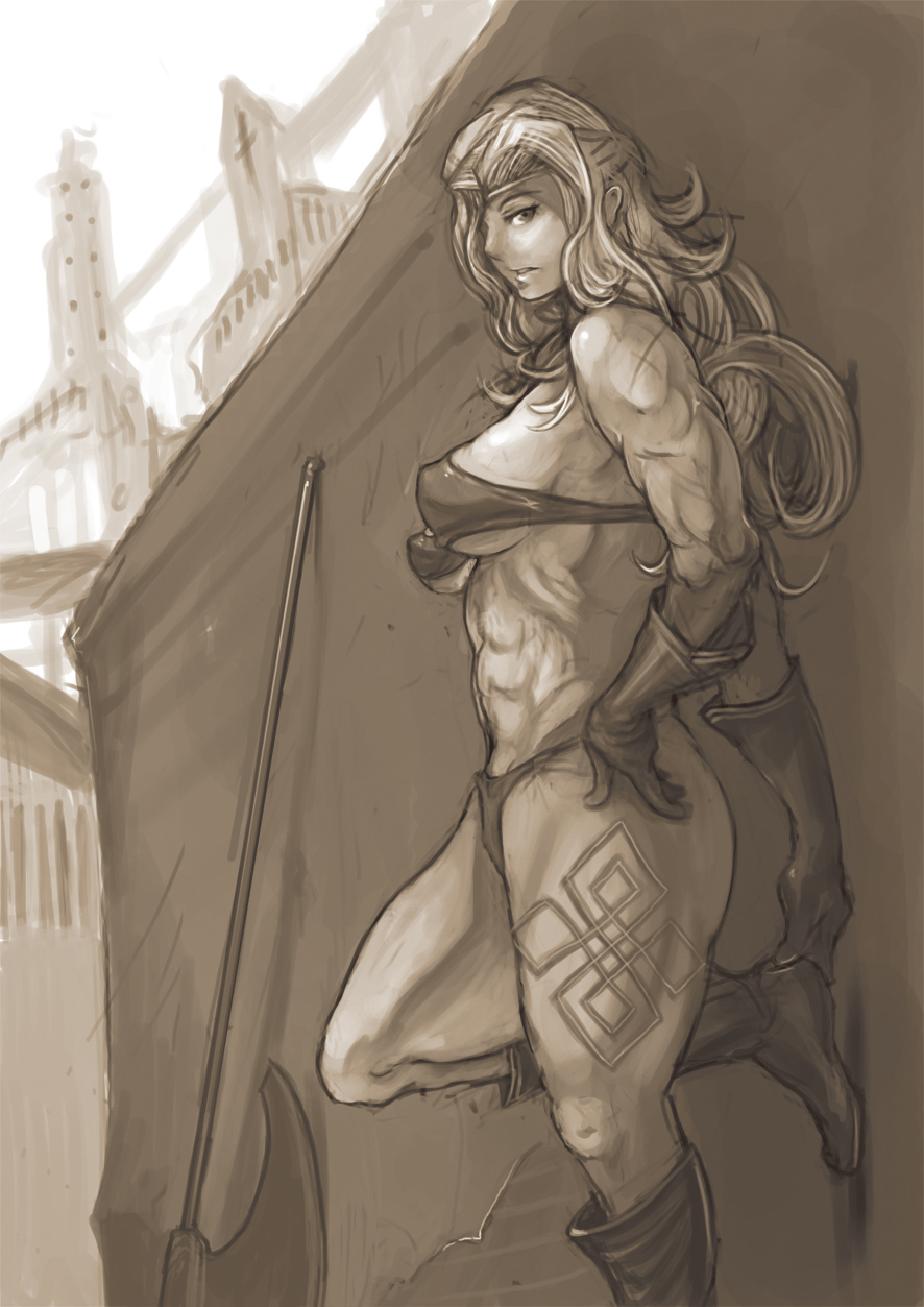 1girl, amazon_(dragon's_crown), axe, bad_id, bad_pixiv_id, bikini, boots, circlet