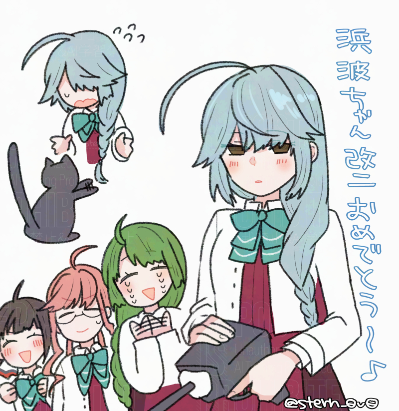 4girls, adapted_turret, ahoge, black_hair, blazer, braid, brown_eyes, cat