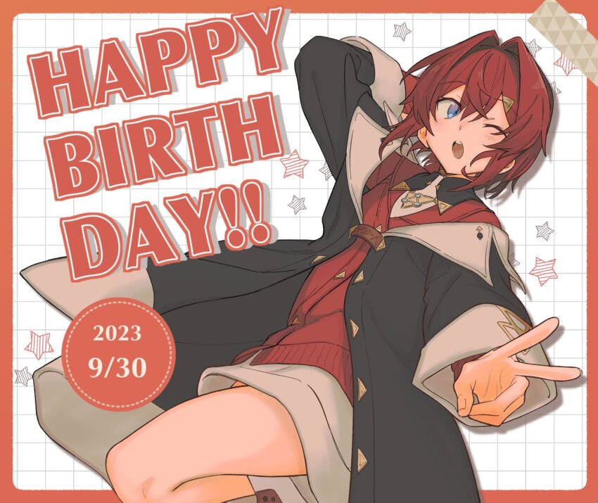 1girl, 2023, :o, agemono_ume, ange_katrina, ange_katrina_(1st_costume), arm_behind_head, black_coat