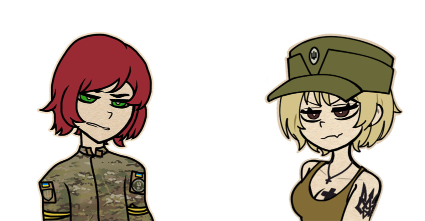 1boy, 1girl, arm_tattoo, azov_battalion, blonde_hair, bob_cut, breasts, brown_eyes