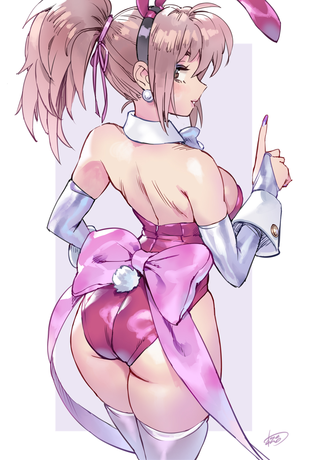 1girl, animal_ear_hairband, animal_ears, ass, auntlets, back_bow, bow, bowtie, breasts, bridal_gauntlets, brown_hair, commentary_request, detached_collar, fake_animal_ears, from_behind, hairband, highres, larg, large_breasts, leotard, long_hair, matsuda_(matsukichi), original, playboy_bunny, rabbit_ears, rabbit_tail, red_eyes, red_leotard, solo, strapless, strapless_leotard, tail, thighhighs, white_bow, white_bowtie, white_thighhighs, wrist_cuffs