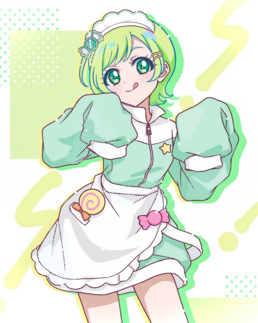 1girl, :q, apron, cowboy_shot, dot_nose, drop_shadow, frilled_apron, frills