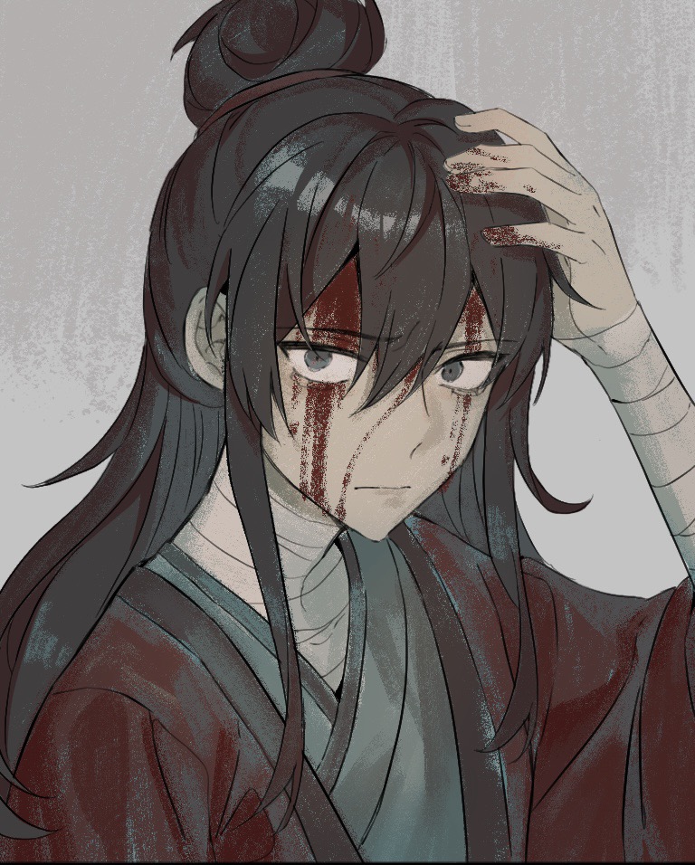 1boy, 52huoying, arm_up, bandaged_arm, bandaged_neck, bandages, black_eyes, black_hair, blood, blood_on_face, blood_on_hands, chinese_commentary, closed_mouth, coat, dao_gui_yi_xian, frown, grey_background, grey_hanfu, hair_between_eyes, hair_bun, half_updo, hand_on_own_head, hand_up, injury, li_huowang, long_hair, long_sleeves, looking_at_viewer, male_focus, red_coat, robe, sidelocks, simple_background, single_hair_bun, solo, upper_body, wide_sleeves