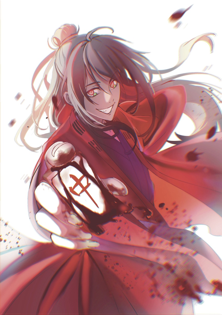 1boy, absurdres, ahoge, black_hair, black_hanfu, blood, blood_on_hands, blood_splatter
