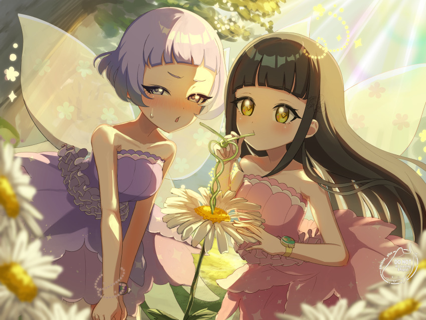 2girls, averting_eyes, bare_arms, bare_shoulders, black_hair, blurry, blush, bracelet