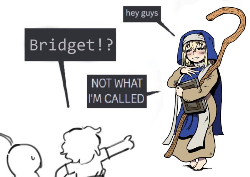 1girl, 2others, age_of_empires_(series), age_of_empires_ii, barefoot, blonde_hair, blush, book, english_text, grin, guilty_gear, holding, holding_book, kabewski, long_sleeves, medium_hair, meme, monk_(age_of_empires_ii), multiple_others, not_what_i'm_called_(meme), pointing, simple_background, smile, staff, standing, teeth, white_background