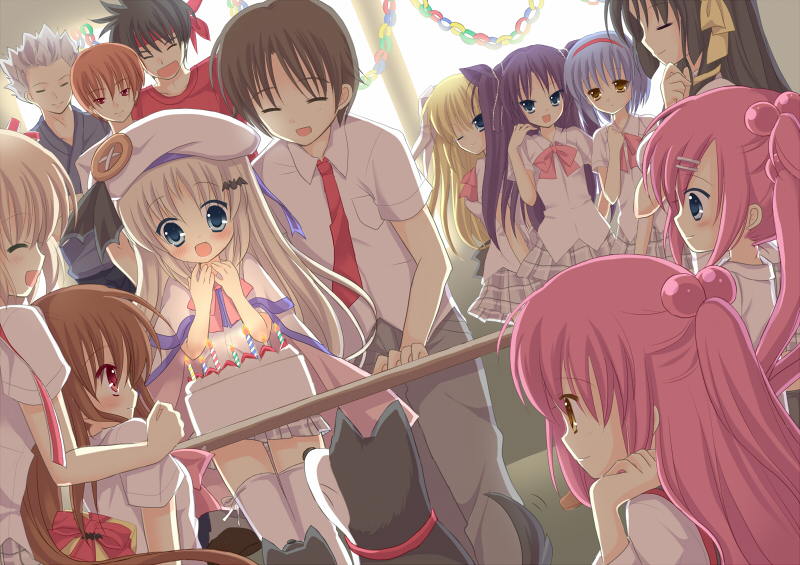 4boys, 6+girls, bad_id, bad_pixiv_id, birthday_cake, cake, cape, dog