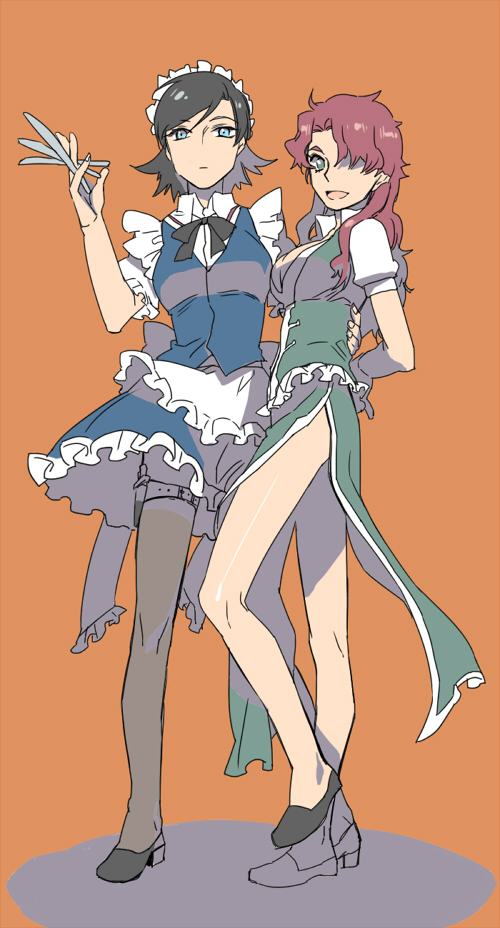 2girls, bad_id, bad_pixiv_id, blue_eyes, brown_hair, cosplay, genderswap, genderswap_(mtf), gianluca_zanardi, green_eyes, hong_meiling, hong_meiling_(cosplay), inazuma_eleven, inazuma_eleven_(series), izayoi_sakuya, izayoi_sakuya_(cosplay), knife, long_hair, maid_headdress, marco_maseratti, moros1, multiple_girls, pantyhose, red_hair, short_hair, embodiment_of_scarlet_devil, throwing_knife, touhou, weapon