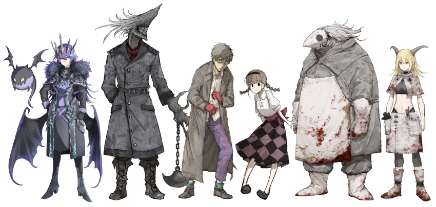 3girls, apron, arms_at_sides, bags_under_eyes, belt, black_boots, black_eyes, black_gloves, black_hairband, black_scarf, black_wings, blonde_hair, blood, blood_on_clothes, blue_eyes, boots, braid, breasts, brown_coat, checkered_clothes, checkered_skirt, closed_mouth, coat, collared_coat, collared_shirt, commentary_request, creature, crop_top, demon_wings, full_body, fur-trimmed_coat, fur_trim, gloves, goat_horns, green_socks, grey_coat, grey_hair, grey_shoes, hair_between_eyes, hairband, hand_in_pocket, headpiece, height_difference, highres, horns, jemiru_(kankan33333), kankan33333, karune_(kankan_33333), korone_(kankan33333), long_sleeves, looking_at_another, looking_at_viewer, low_wings, mask, medium_breasts, medium_hair, midriff, monster, monster_girl, multiple_girls, navel, original, pants, pink_ribbon, plague_doctor_mask, pointy_ears, puffy_short_sleeves, puffy_sleeves, purple_hair, purple_pants, red_gloves, red_scarf, ribbon, scared, scarf, shaded_face, shirt, shoes, short_hair, short_sleeves, simple_background, skirt, small_breasts, smile, socks, standing, twin_braids, waist_ribbon, white_apron, white_background, white_boots, white_gloves, white_hair, white_shirt, wings