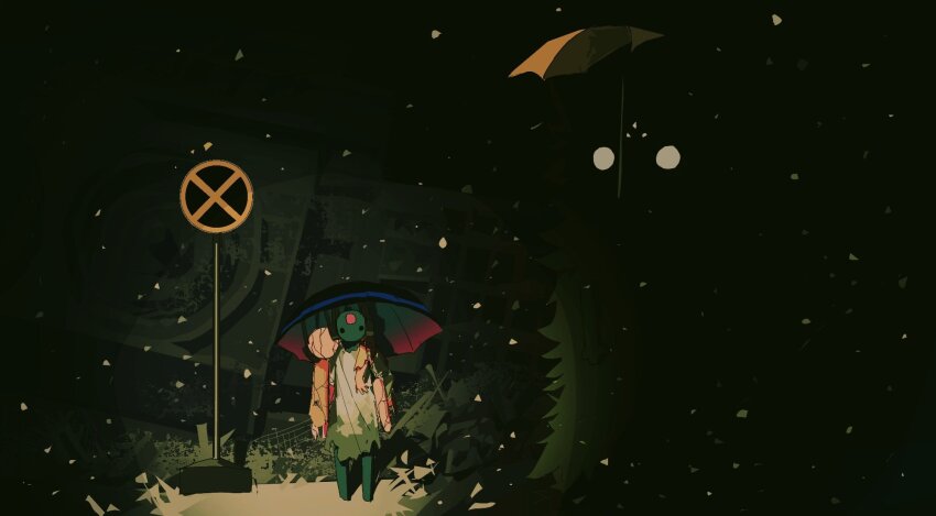 1boy, 1girl, androgynous, barefoot, blue_skin, blue_umbrella, broken, bus_stop