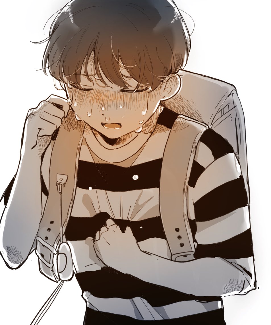 1boy, aged_down, backpack, bag, blush, closed_eyes, clothes_grab, crime_prevention_buzzer