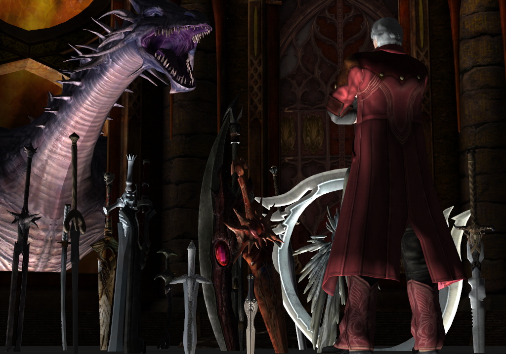 1boy, capcom, dante_(devil_may_cry), devil_may_cry_(series), dragon, male_focus, namco, rebellion_(sword)