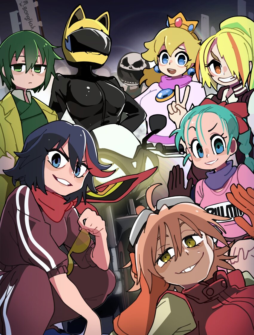 6+girls, absurdres, animal_ear_helmet, animal_helmet, aqua_hair, artist_name, biker_peach, black_bodysuit, blonde_hair, blue_eyes, bodysuit, bongftah, braid, braided_ponytail, breasts, brown_gloves, bulma, celty_sturluson, character_name, clothes_writing, commentary, crossover, crown, dragon_ball, dragon_ball_(classic), durarara!!, earrings, eyebrows_hidden_by_hair, flcl, gloves, goggles, goggles_on_head, green_hair, grin, hair_between_eyes, hair_over_one_eye, haruhara_haruko, helmet, high_ponytail, highres, holding, holding_removed_eyewear, jacket, jewelry, justice_gakuen, kazama_akira, kill_la_kill, large_breasts, long_hair, long_sleeves, looking_at_viewer, mario_(series), mario_kart, mario_kart_wii, matoi_ryuuko, medium_breasts, medium_hair, motor_vehicle, motorcycle, motorcycle_helmet, multicolored_hair, multiple_crossover, multiple_girls, nikaidou_saki, nintendo, orange_gloves, pants, pink_hair, ponytail, princess_peach, red_pants, red_track_jacket, red_track_suit, short_hair, skull_print, smile, squatting, streaked_hair, sunglasses, untranslatable_commentary, tank_top, track_suit, trait_connection, unworn_eyewear, yellow_eyes, yellow_helmet, zombie_land_saga