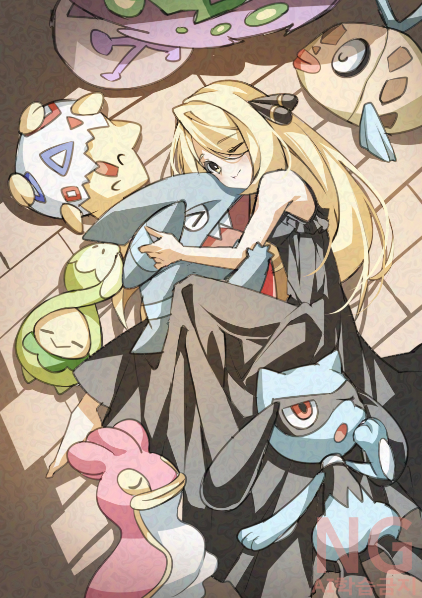 absurdres, black_dress, blonde_hair, cloudsmoothie, cynthia_(pokemon), dress, feebas, gen_2_pokemon