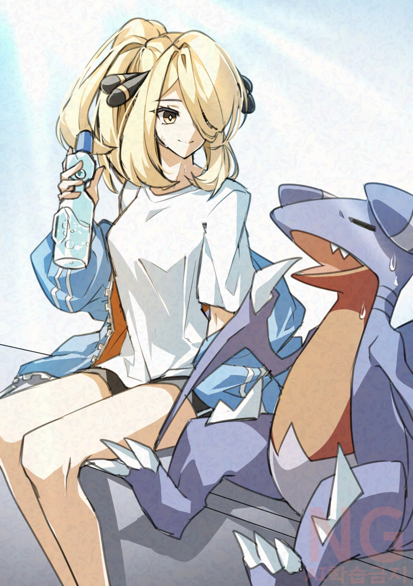 absurdres, blonde_hair, bottle, cloudsmoothie, cynthia_(pokemon), gabite, gen_4_pokemon, highres