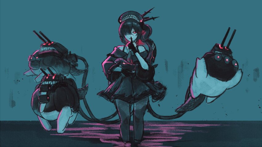 1girl, 3others, abyssal_ship, bare_shoulders, black_dress, black_gloves, black_hair, colored_skin